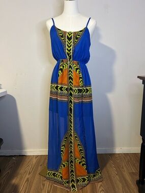 Fire Los Angeles Blue Tribal Maxi Dress with Orange Accents